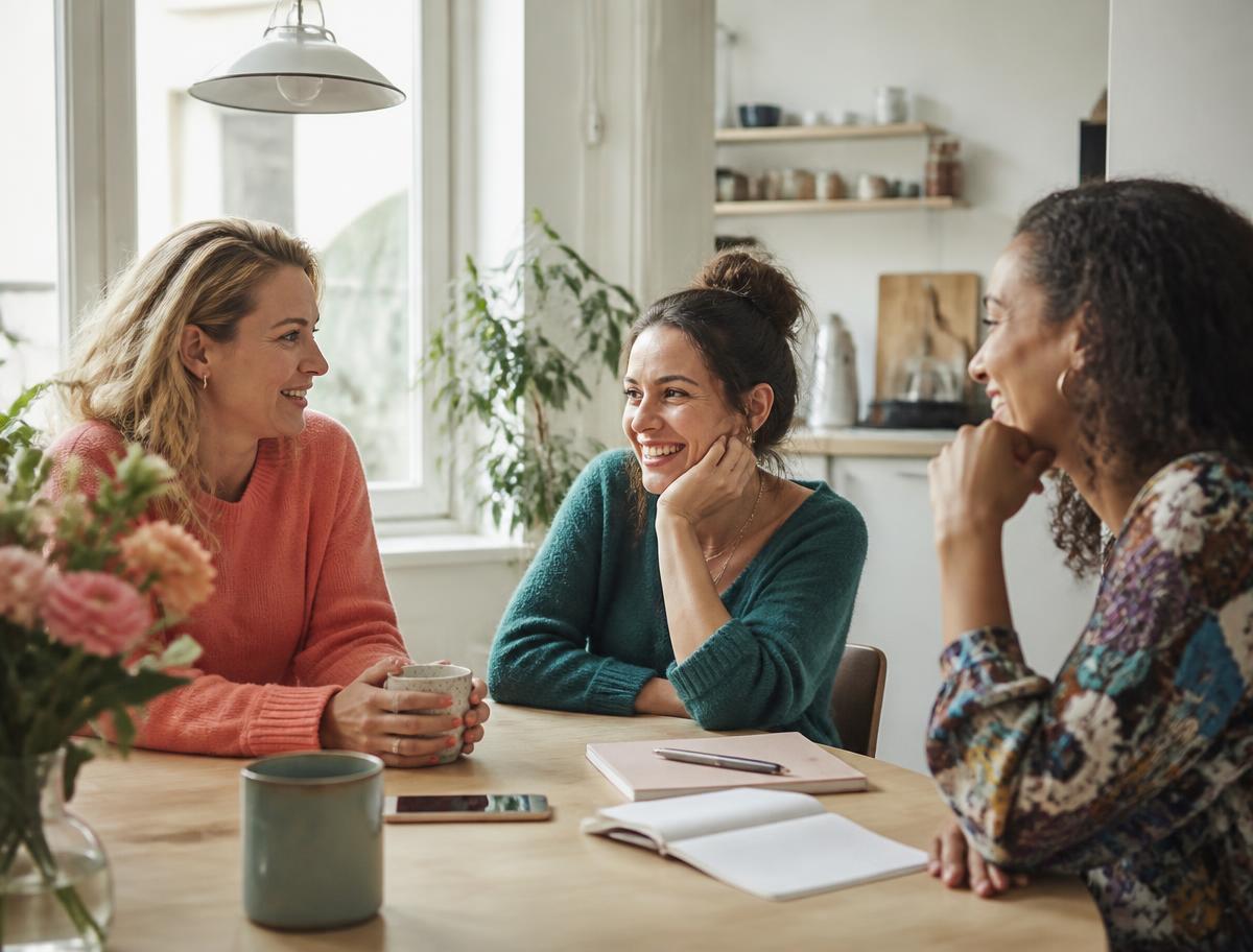 Three women sharing ideas around a kitchen table