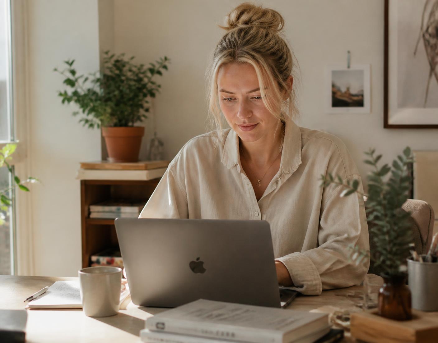 A woman focused on her laptop while working at her desk in a warm, sunlit home office